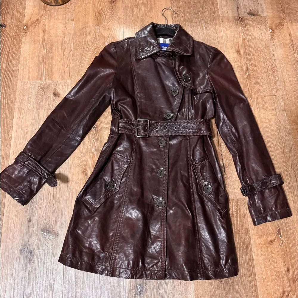 Burberry Burgundy Chocolate Brown Leather Trench Coat Size 38 (US 2) - Picture 4 of 6